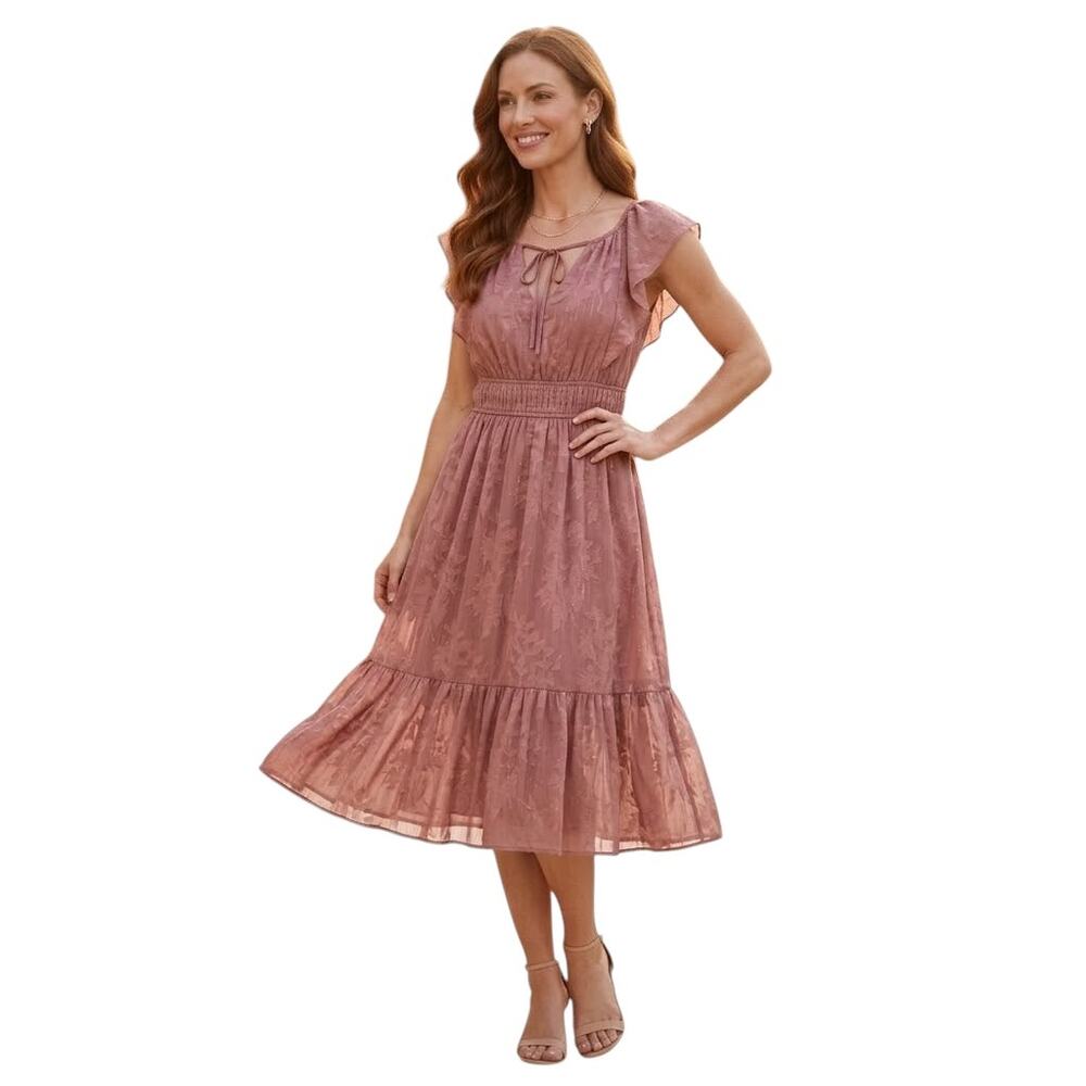 Joie Floral Jacquard Flutter Sleeve Tiered Midi Dress Women Small Mauve Pink